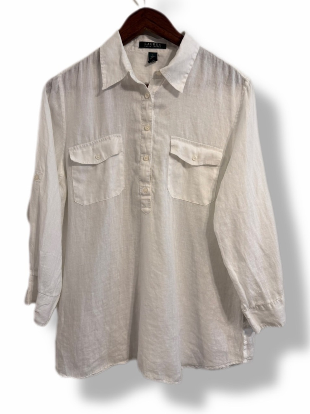 Lauren Ralph Lauren White Linen Roll Tab Blouse Size L Coastal Summer Classic